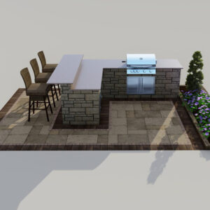 L-shaped outdoor kitchen with bar seating, built-in grill, and natural stone patio with garden bed.