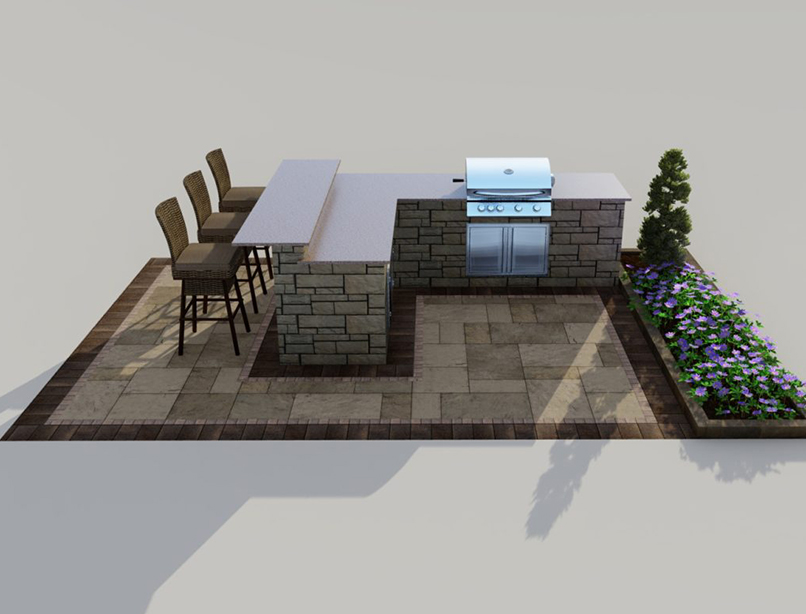 L-shaped outdoor kitchen with bar seating, built-in grill, and natural stone patio with garden bed.